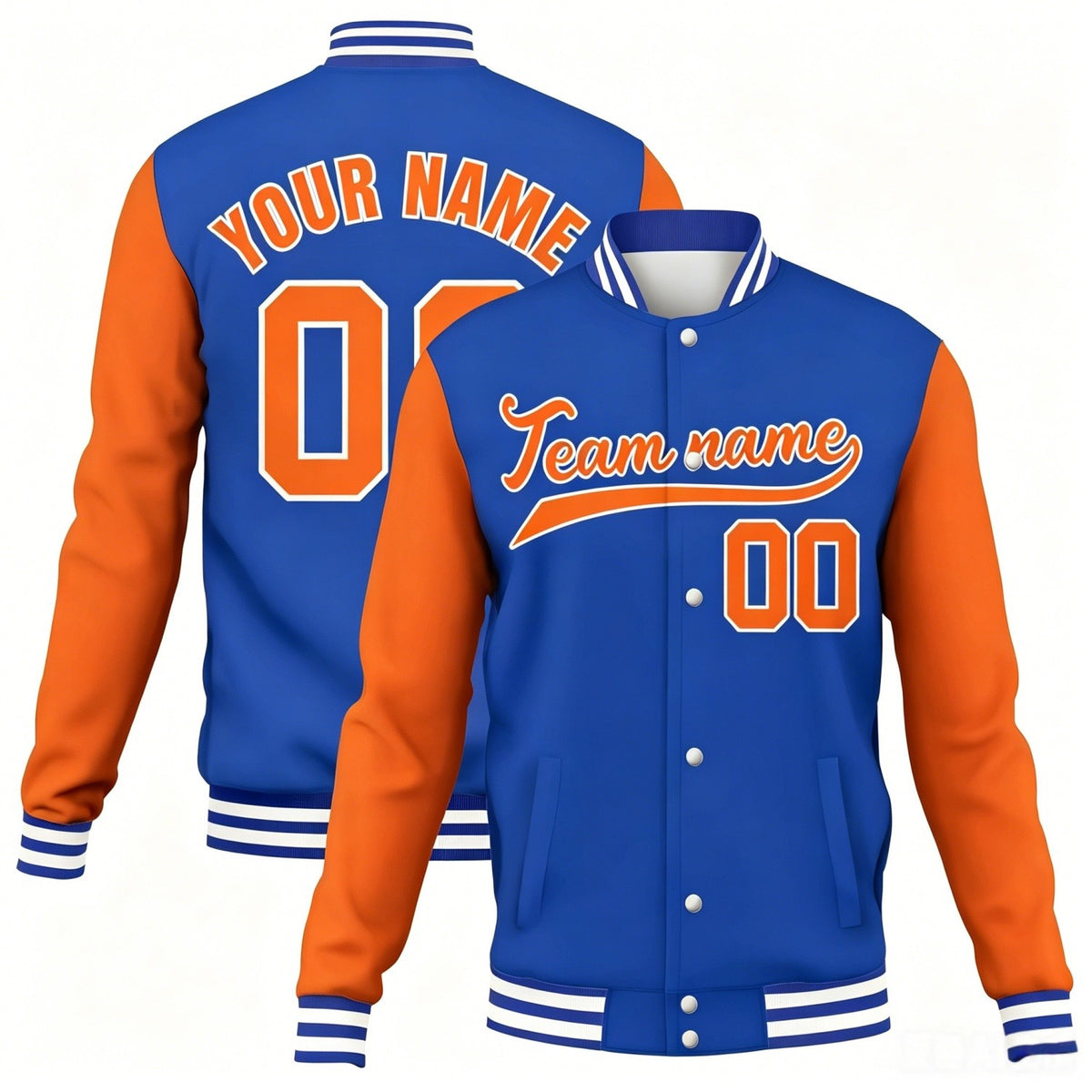 Custom blue-orange stitched varsity baseball jacket by Vosoli | Personalized team name &amp; number button-front jacket for youth &amp; adults