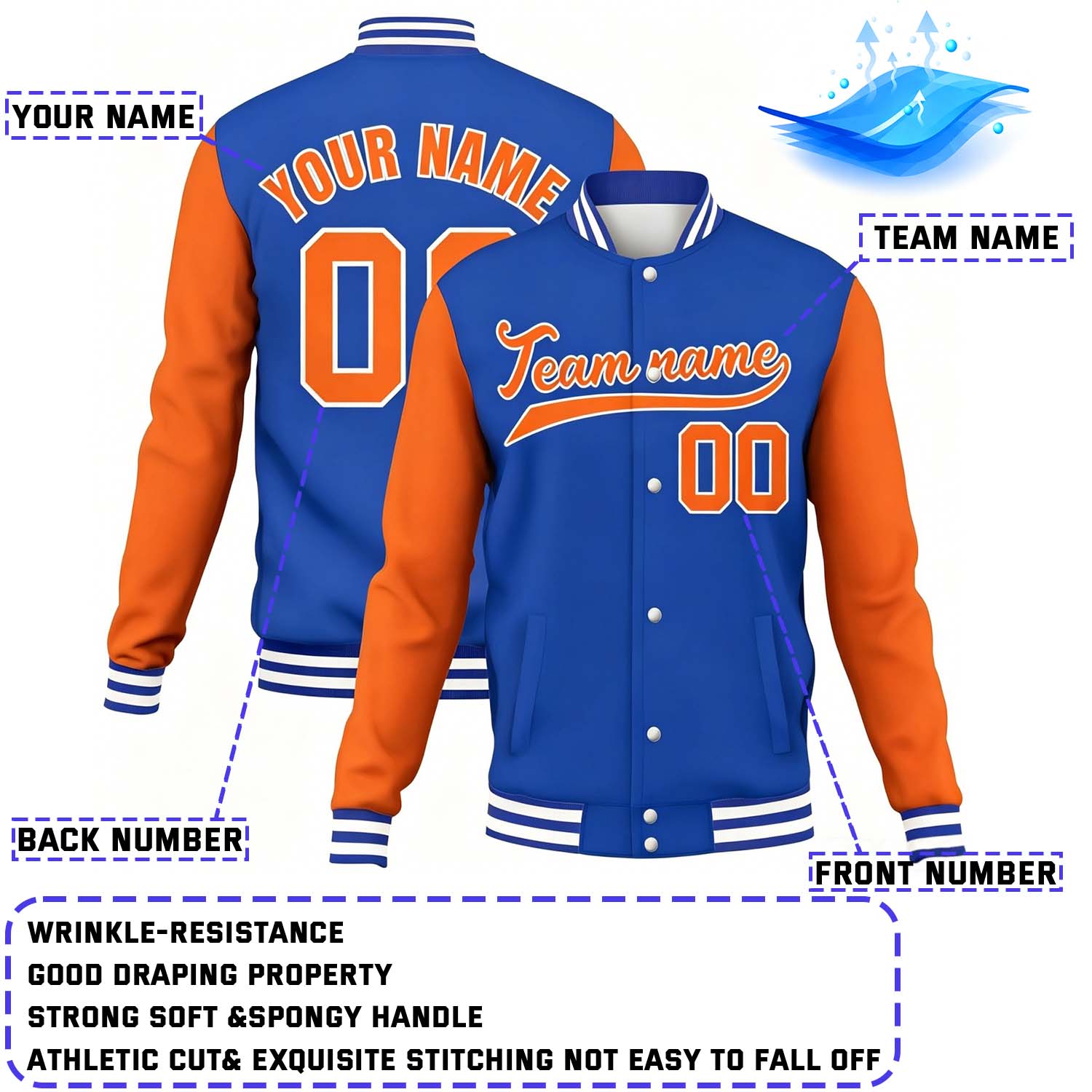 Custom Blue & Orange Varsity Baseball Jacket | Personalized Team Name & Number