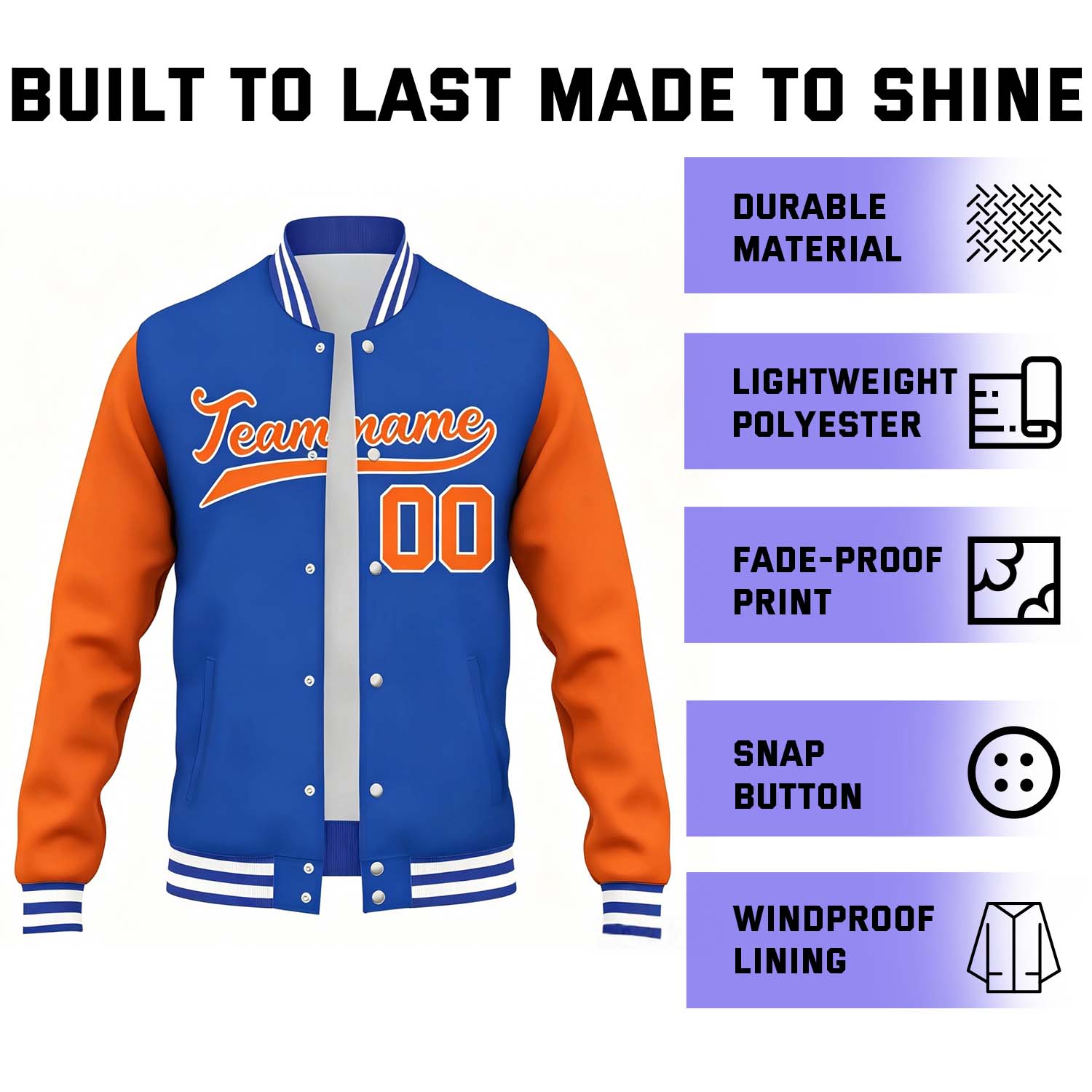 Custom Blue & Orange Varsity Baseball Jacket | Personalized Team Name & Number