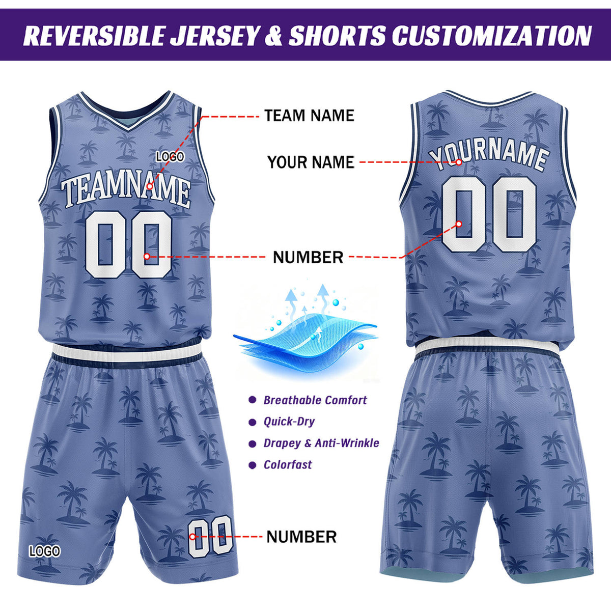 Custom Blue Palm Tree Basketball Jersey & Shorts Set | Personalized Team Uniform