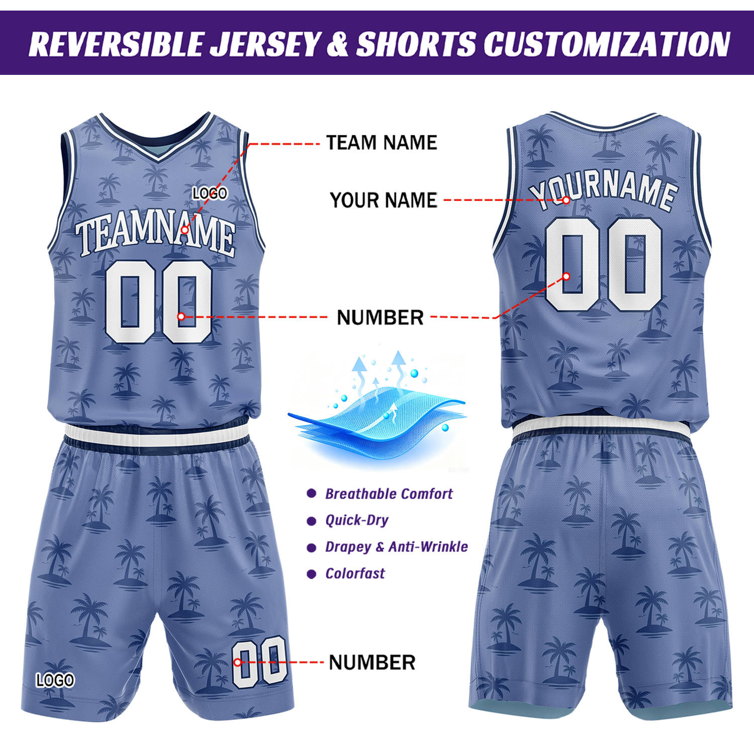 Custom Blue Palm Tree Basketball Jersey & Shorts Set | Personalized Team Uniform