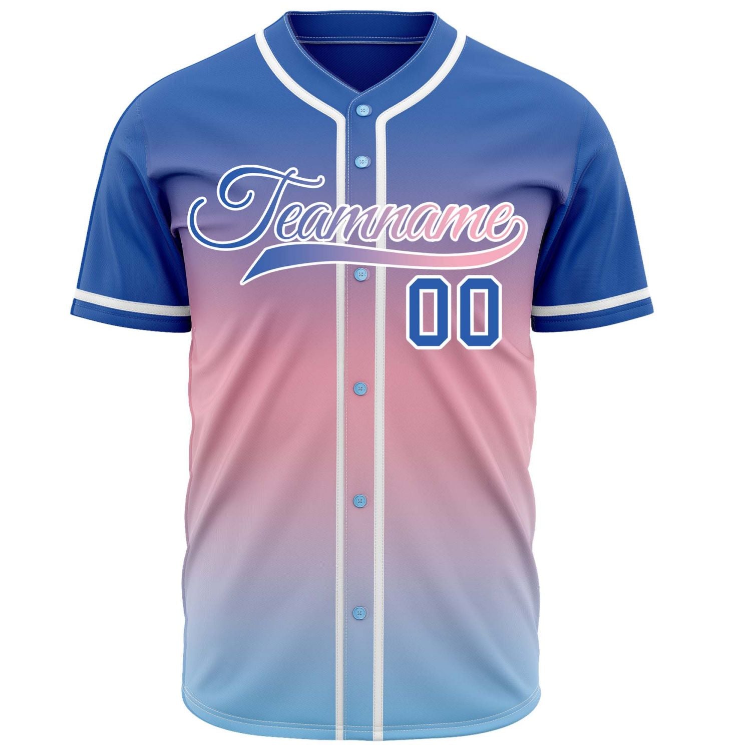 Custom blue to pink gradient baseball jersey, button-front style with white trim, suitable for team sports and casual wear - Vosoli