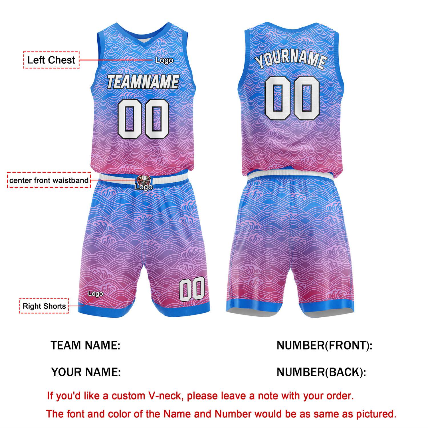 Custom Blue Pink Gradient Wave Basketball Uniform | Personalized Team Kit - Vosoli
