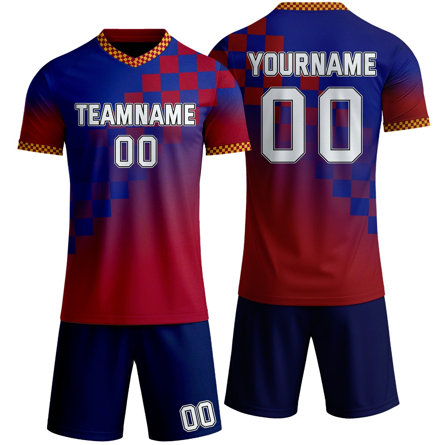 Custom blue & red checkerboard gradient soccer jersey set, personalized name number team logo, short-sleeve jersey with matching shorts sports uniform for men women youth adult game practice - Vosoli