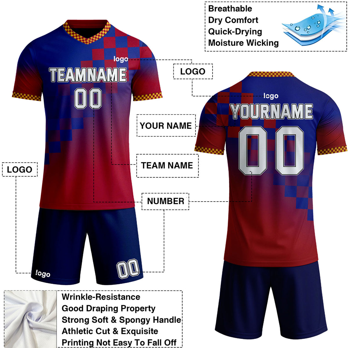 Custom Blue & Red Checkerboard Gradient Soccer Jersey Set | Personalized Team Uniform | Vosoli