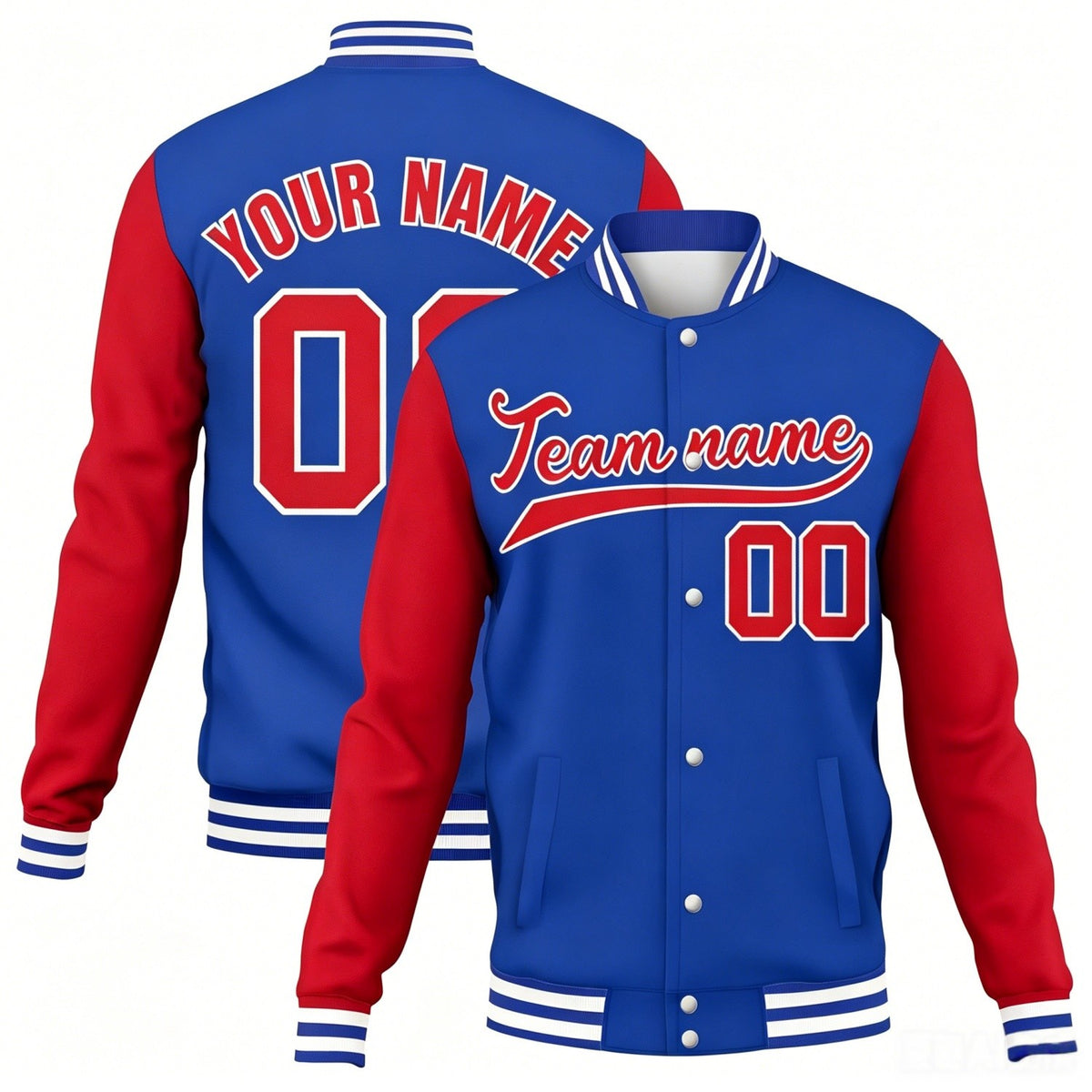 Custom blue-red contrast sleeve stitched varsity baseball jacket by Vosoli | Personalized team name &amp; number jacket for youth &amp; adults
