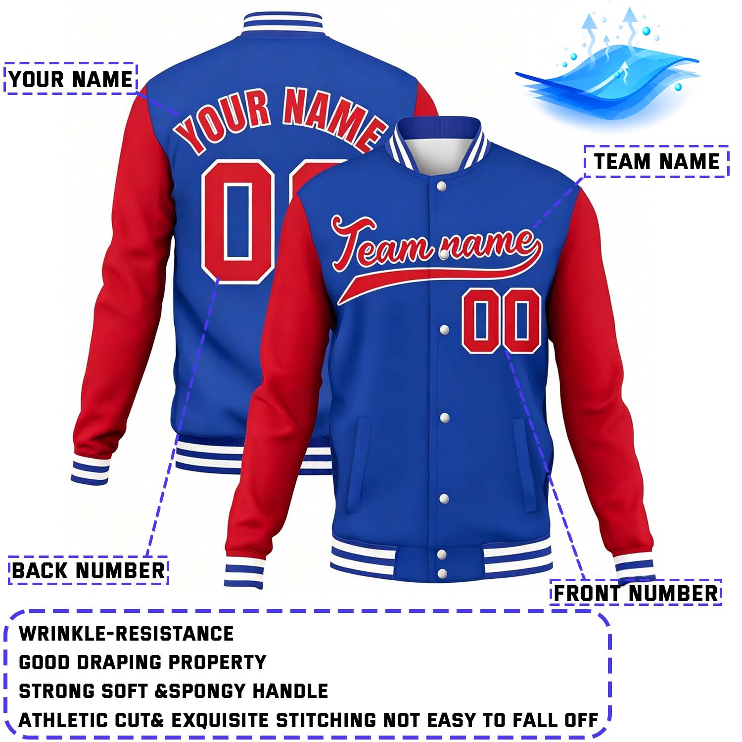 Custom Blue & Red Contrast Sleeve Varsity Baseball Jacket | Personalized Team Name & Number
