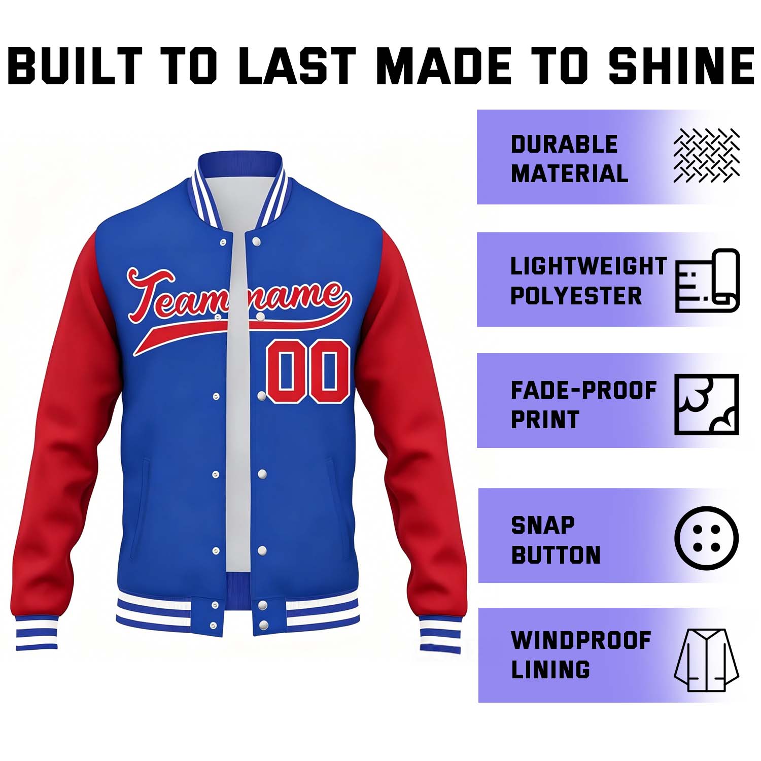 Custom Blue & Red Contrast Sleeve Varsity Baseball Jacket | Personalized Team Name & Number