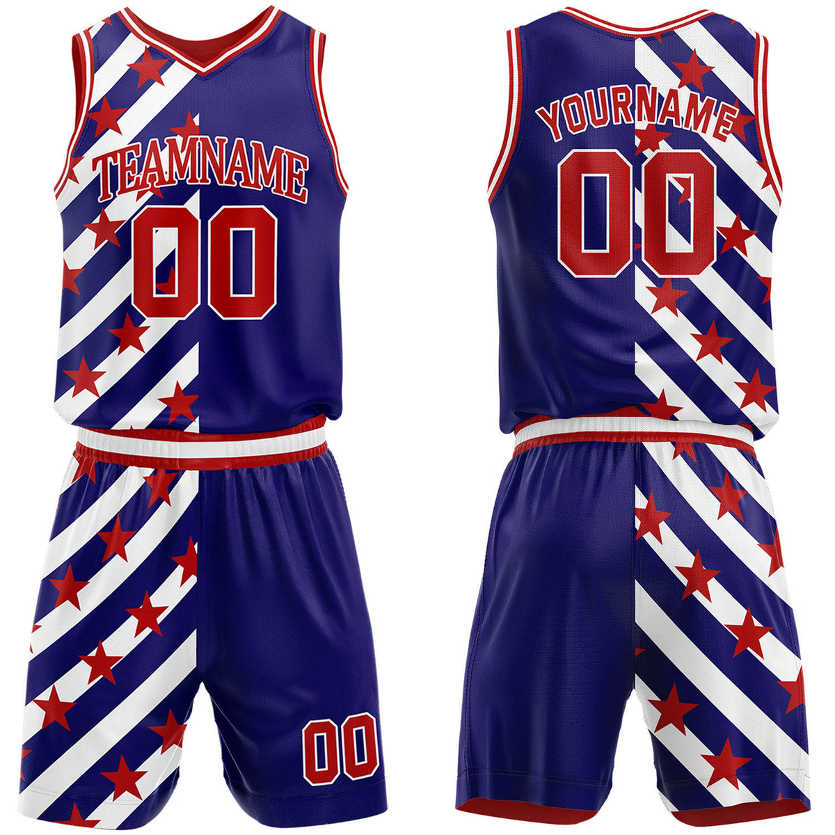 Custom blue &amp; red diagonal star basketball jersey &amp; shorts set by Vosoli | Personalized team name &amp; number sportswear