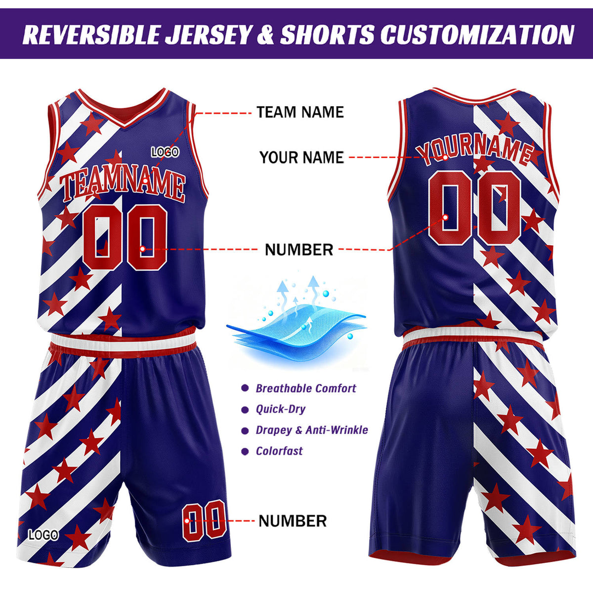 Custom Blue & Red Diagonal Star Basketball Jersey & Shorts Set | Personalized Team Uniform