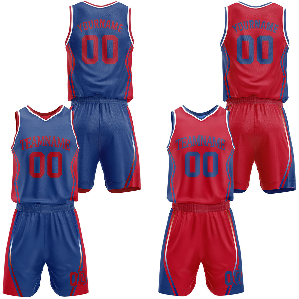 Custom blue &amp; red reversible basketball jersey shorts set by Vosoli | Personalized block team name number geometric uniform sportswear
