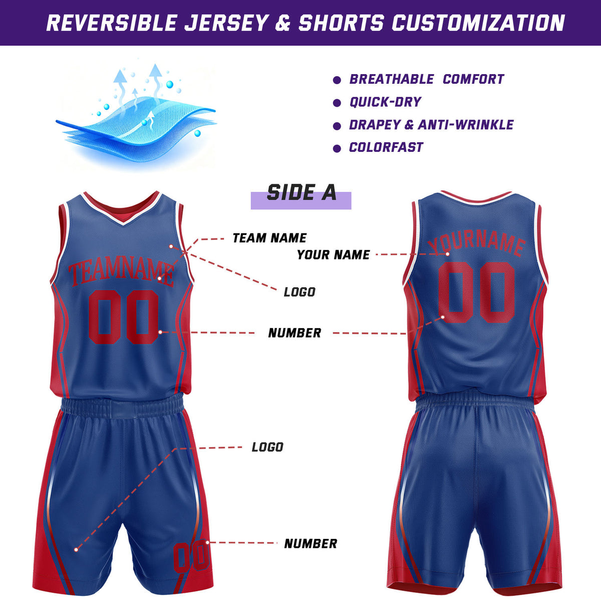 Custom Blue & Red Reversible Geometric Basketball Jersey Shorts Set | Personalized Team Uniform