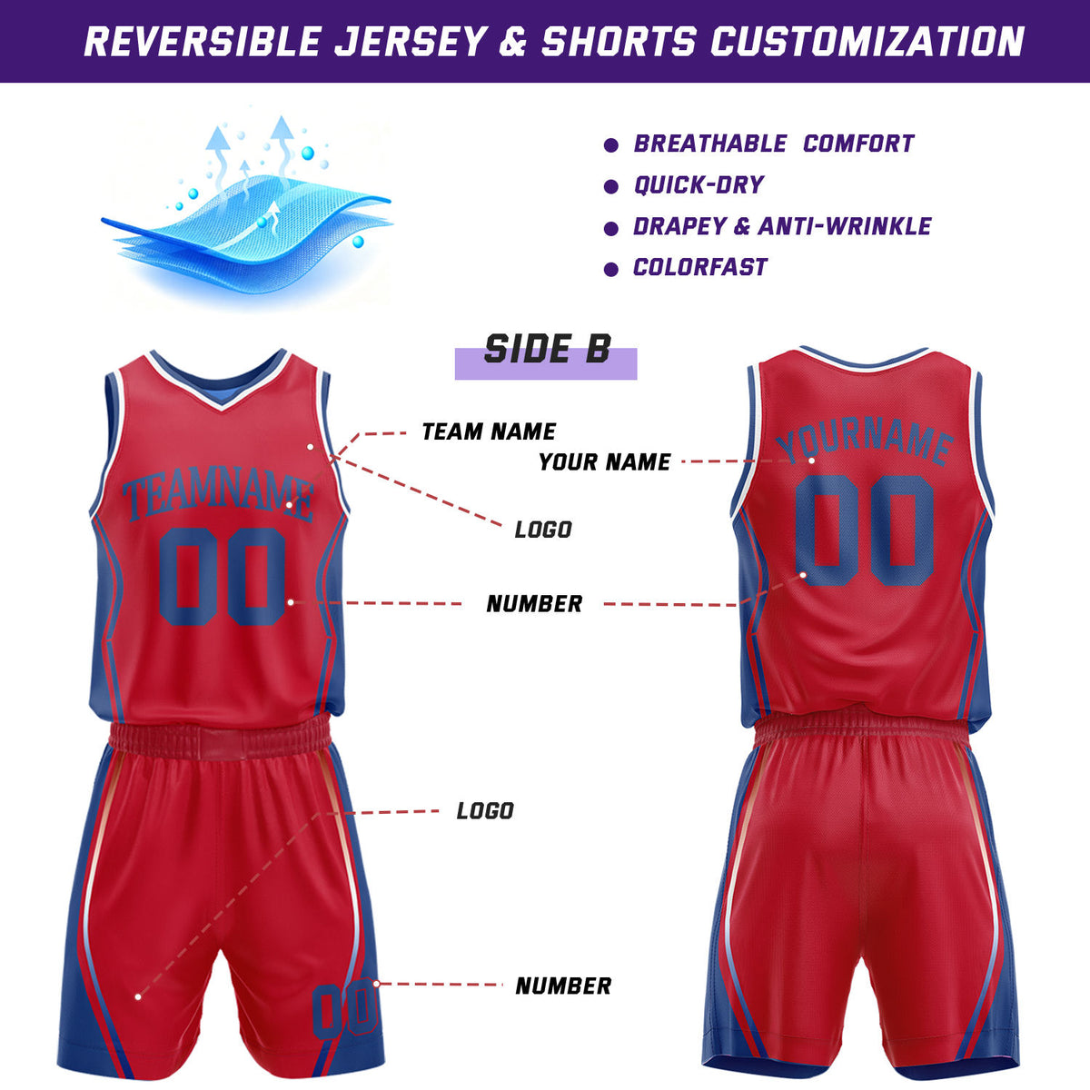 Custom Blue & Red Reversible Geometric Basketball Jersey Shorts Set | Personalized Team Uniform