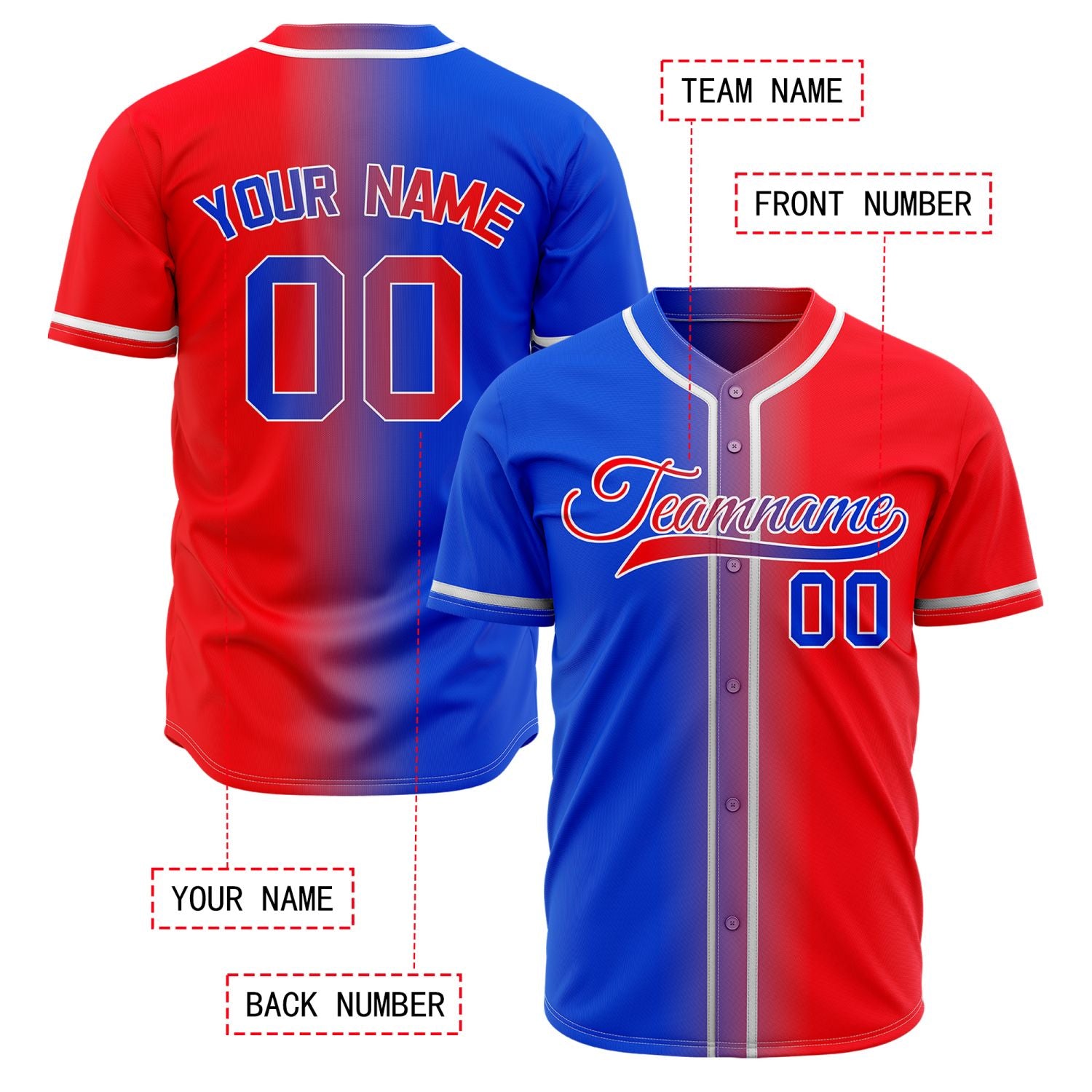 Custom Blue and Red Gradient Split Baseball Jersey | Personalized Fade Design Team Uniform