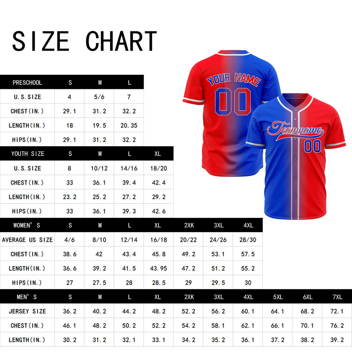 Custom Blue and Red Gradient Split Baseball Jersey | Personalized Fade Design Team Uniform