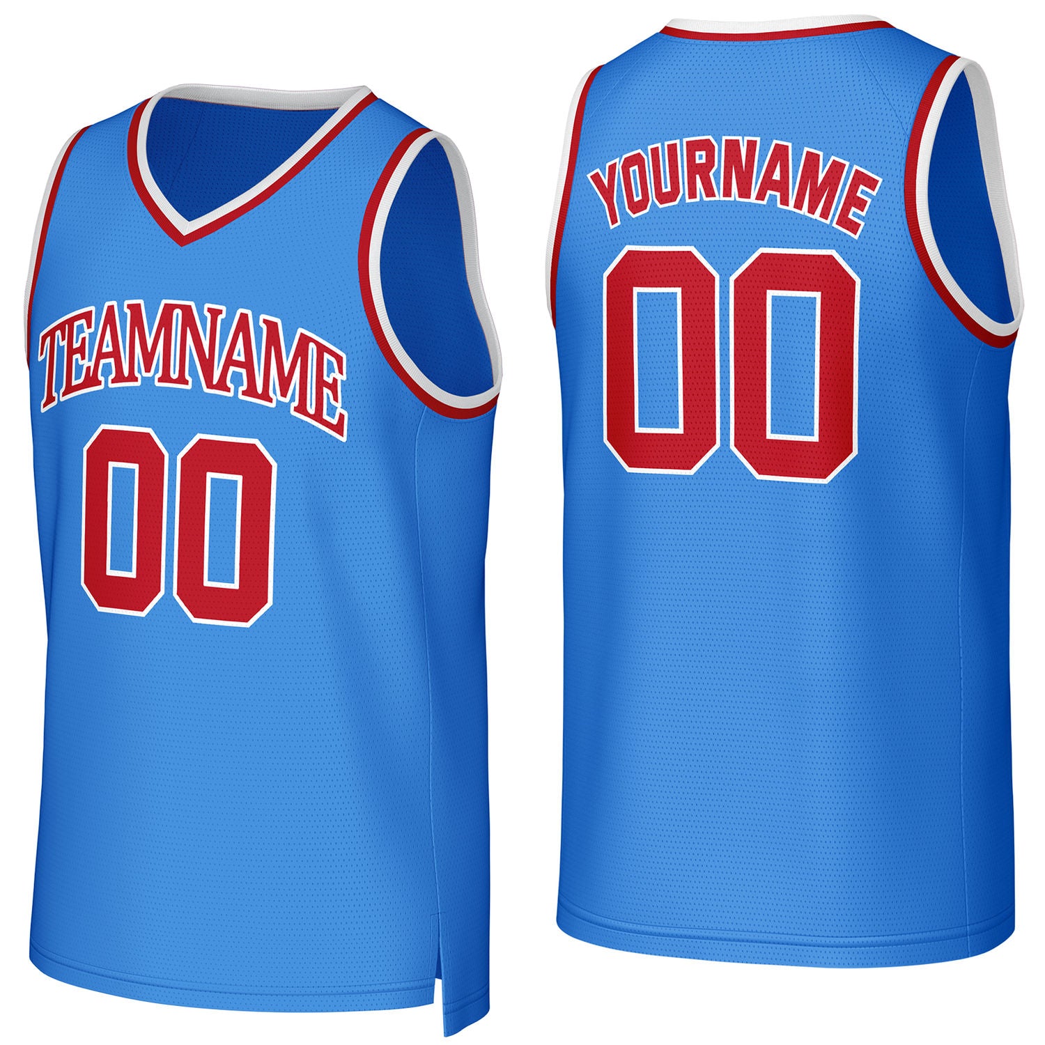 Custom blue-red mesh basketball jersey by Vosoli | Personalized name & number team uniform for youth & adults