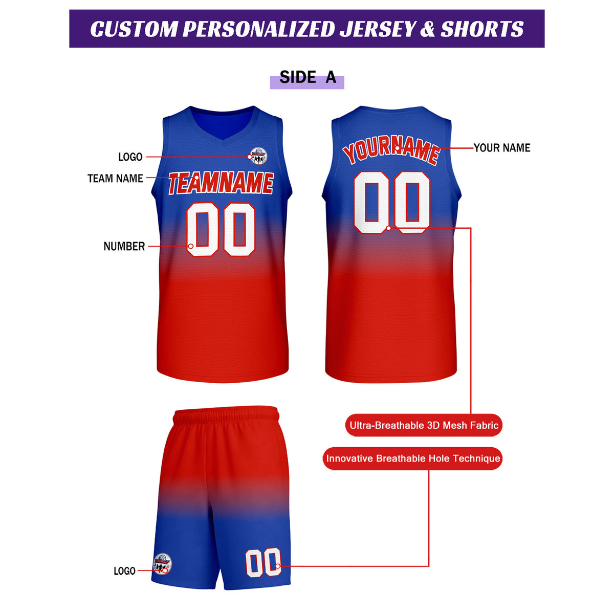 Custom Blue-Red-Pink Gradient Basketball Uniform Set | Personalized Team Name & Number - Vosoli