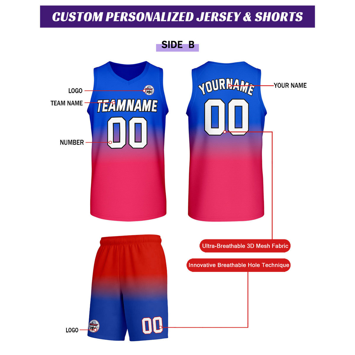 Custom Blue-Red-Pink Gradient Basketball Uniform Set | Personalized Team Name & Number - Vosoli