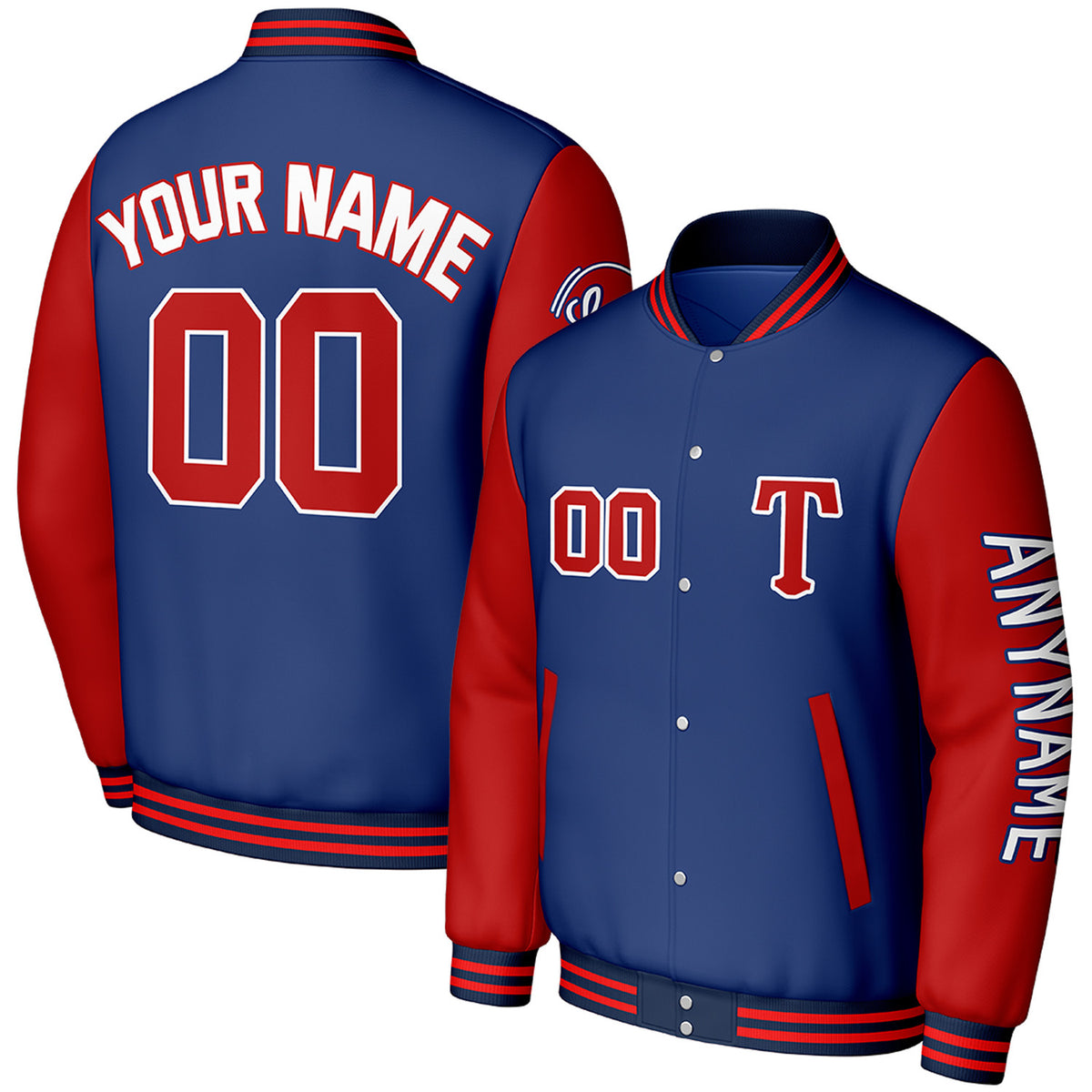 custom blue red travel baseball outerwear by Vosoli, personalized stitched name, number &amp; logo, classic button up varsity letterman jacket for baseball travel team and casual wear