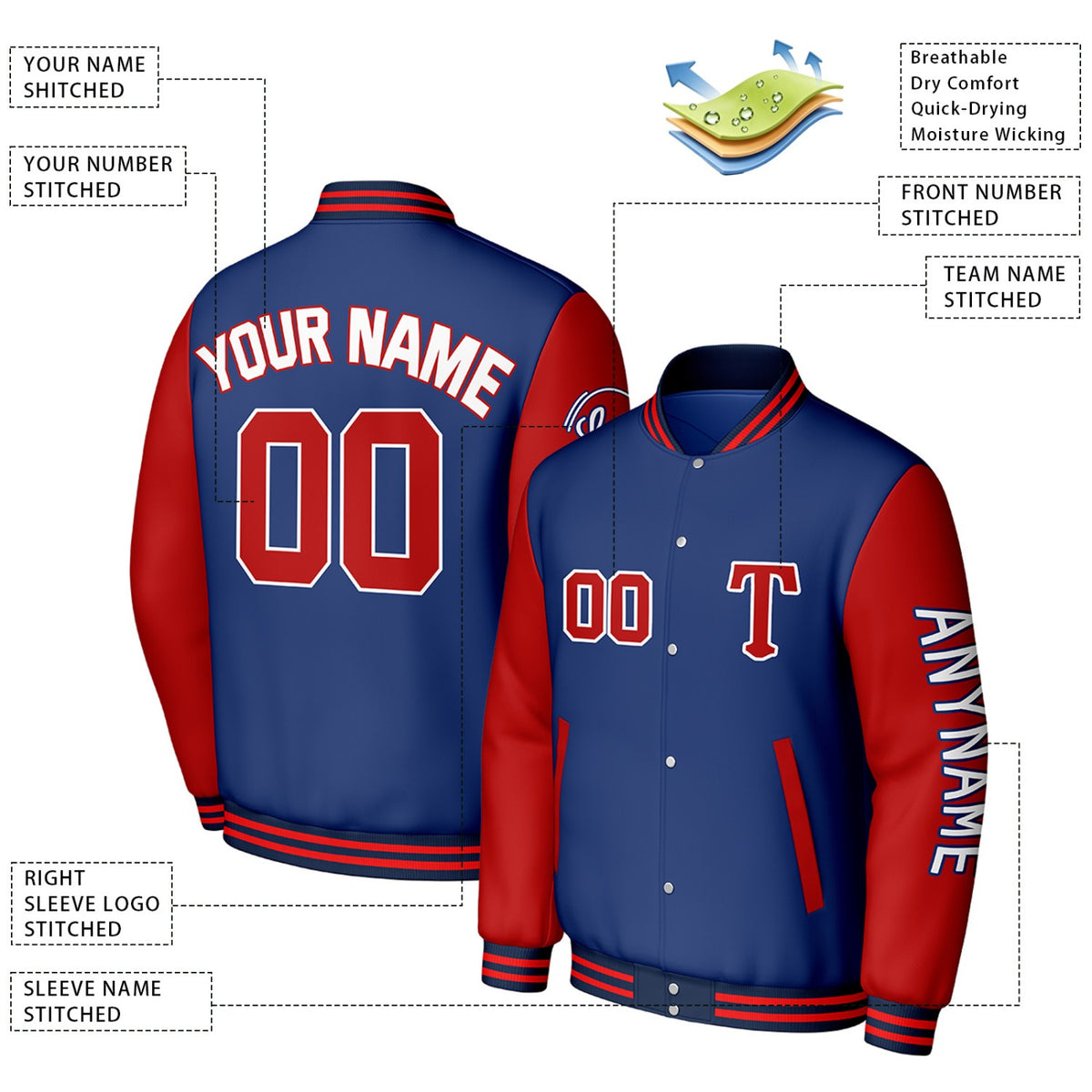 Custom Blue & Red Varsity Baseball Jacket | Personalized Letterman Baseball Bomber for Adult & Youth