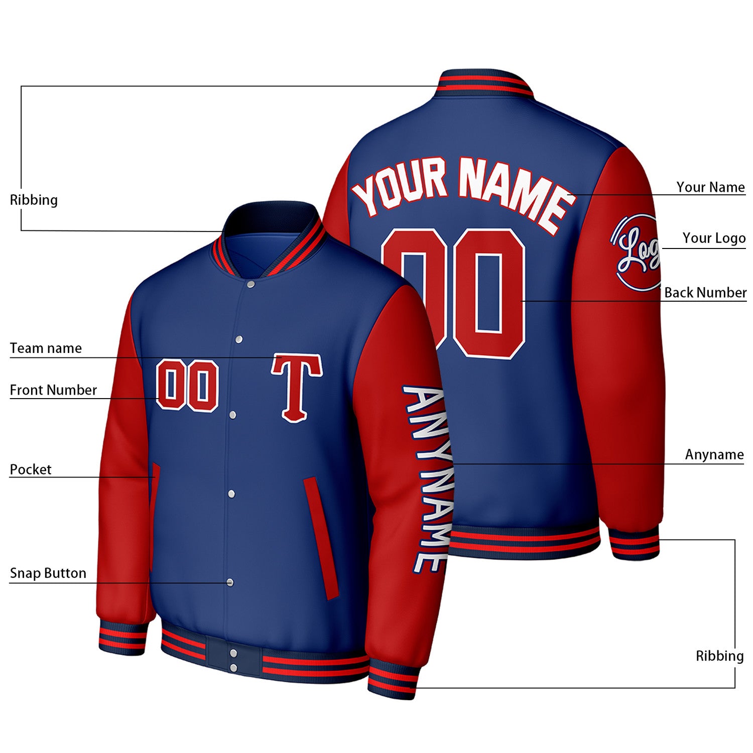 Custom Blue & Red Varsity Baseball Jacket | Personalized Letterman Baseball Bomber for Adult & Youth