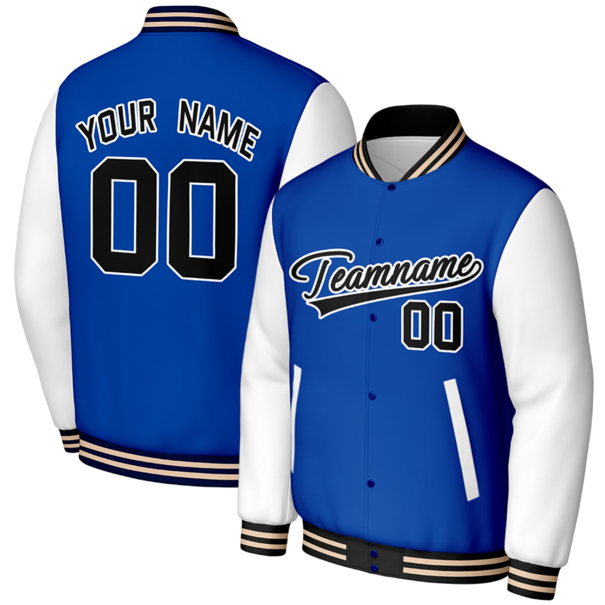 custom blue white baseball jackets for coaches by Vosoli, personalized stitched name, number &amp; logo, classic button up varsity letterman jacket for baseball coaches and casual wear