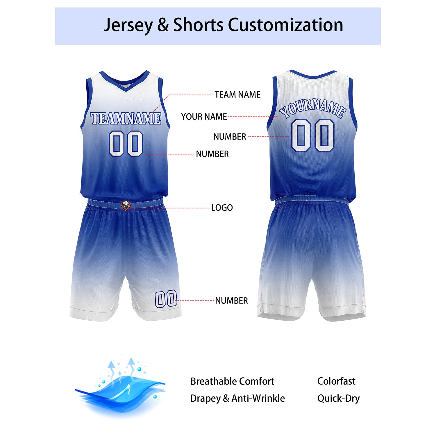 Custom Blue & White Gradient Basketball Jersey + Shorts Set - Personalized Team Name, Number | Vosoli
