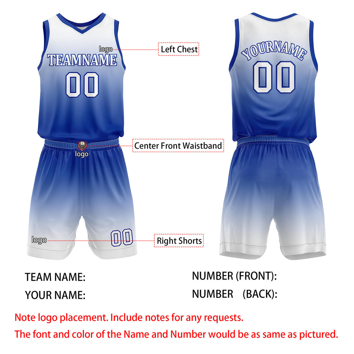 Custom Blue & White Gradient Basketball Jersey + Shorts Set - Personalized Team Name, Number | Vosoli