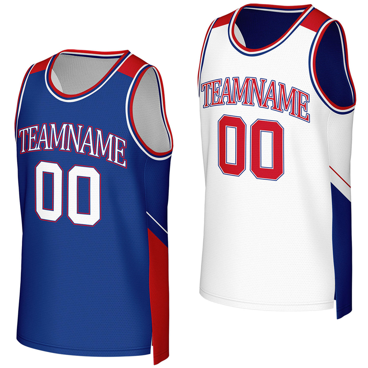 Custom blue & white reversible basketball jersey by Vosoli. Personalized with team name, player name, number, and logo on both sides. Breathable mesh 2-in-1 jersey for high school, college, AAU teams.