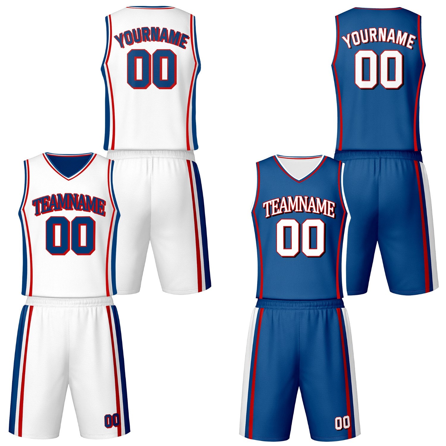 Custom blue & white reversible basketball jersey shorts set by Vosoli | Personalized block team name number vintage uniform sportswear