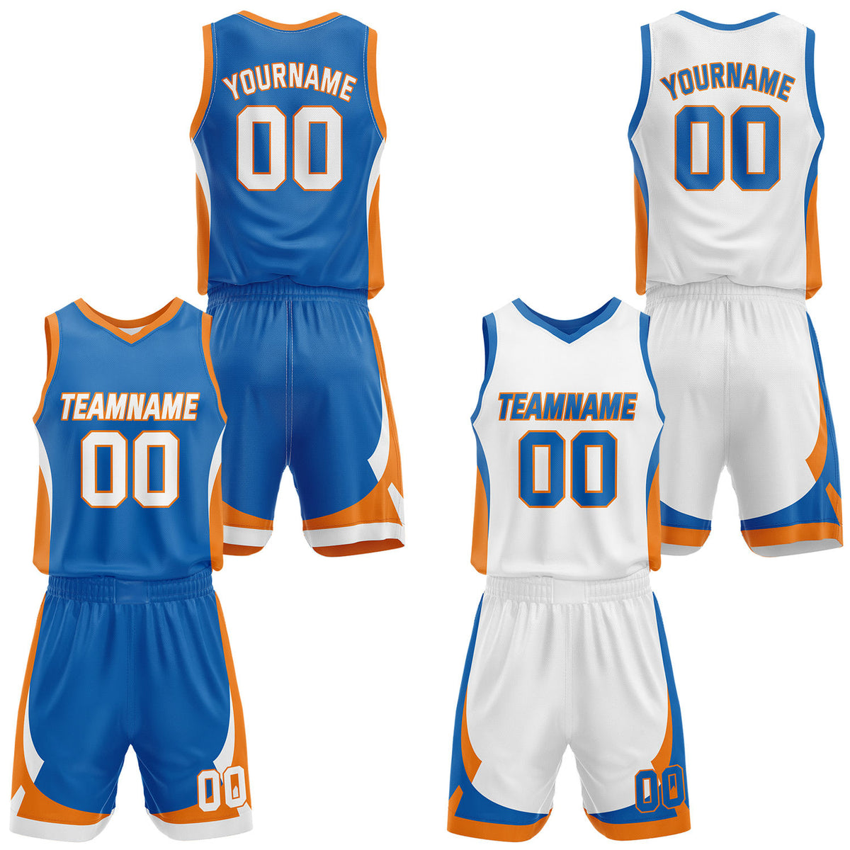 Custom blue &amp; white reversible basketball jersey set with shorts by Vosoli | Personalized team name, number &amp; logo | Breathable mesh sport jersey uniform