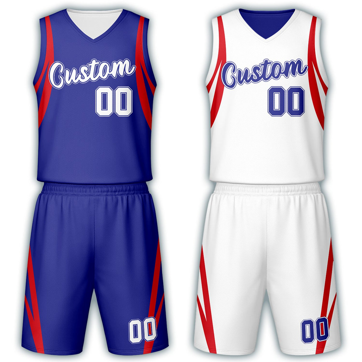 Custom blue & white reversible basketball jersey set with shorts by Vosoli | Personalized team name, number & logo | Breathable mesh sport jersey uniform