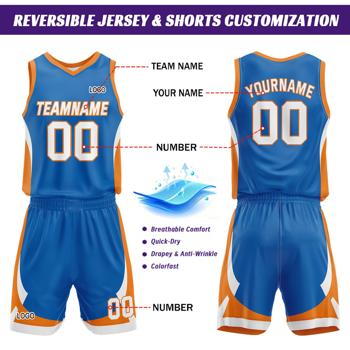 Custom Blue White Reversible Basketball Jersey Set | Personalized Name Number Mesh Sports Uniform