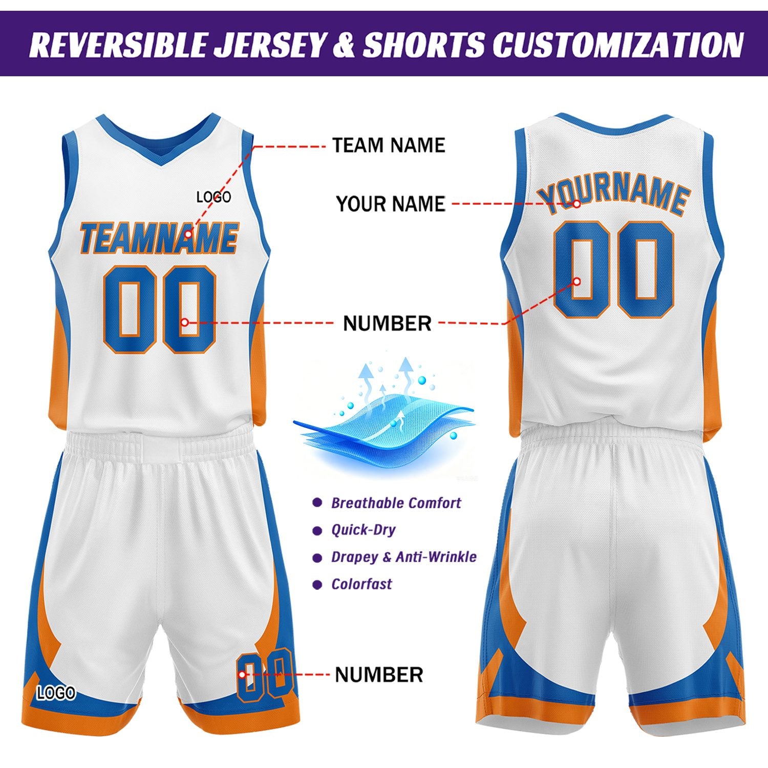 Custom Blue White Reversible Basketball Jersey Set | Personalized Name Number Mesh Sports Uniform
