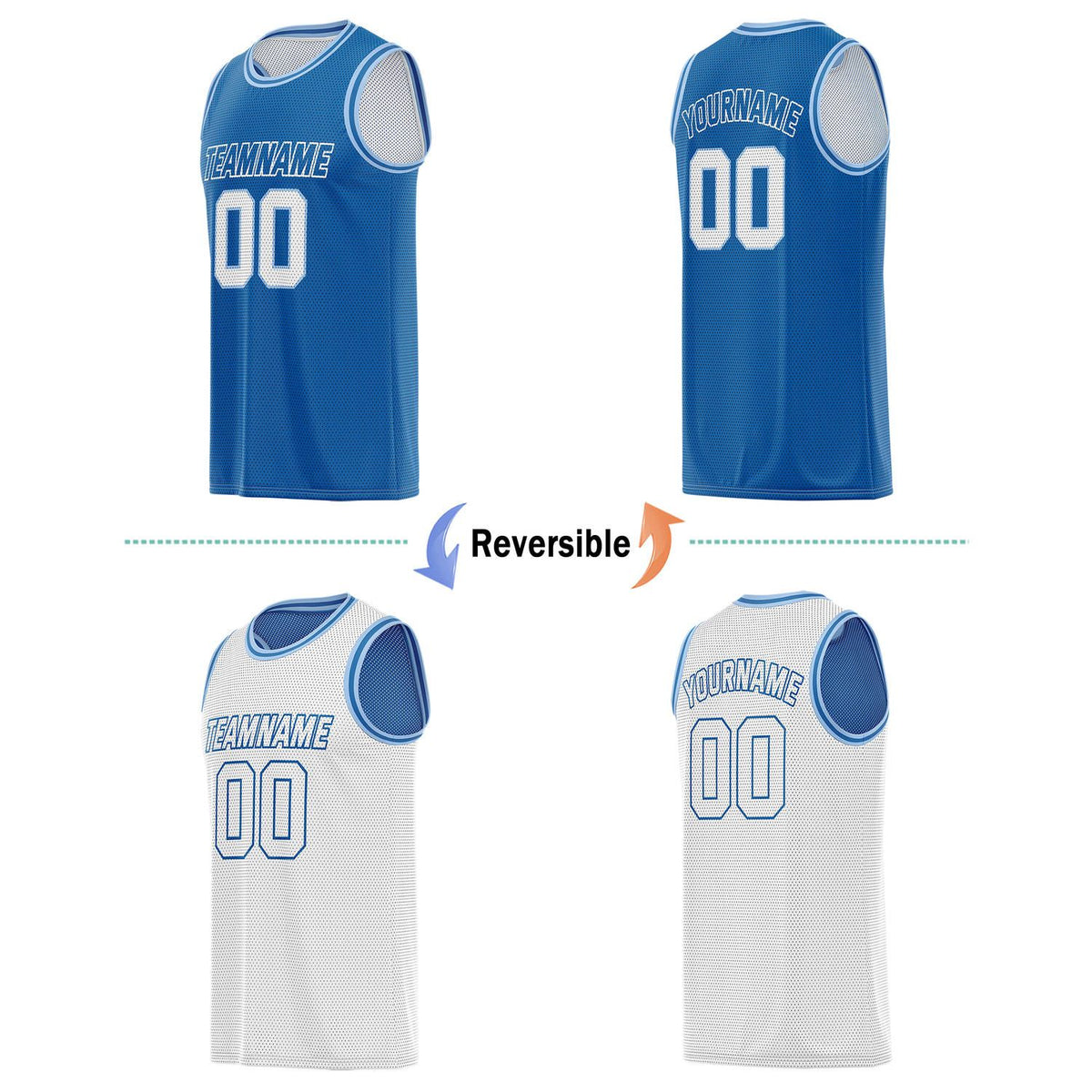 Custom Blue & White Reversible Basketball Jersey | Personalized Team Name & Number - Vosoli