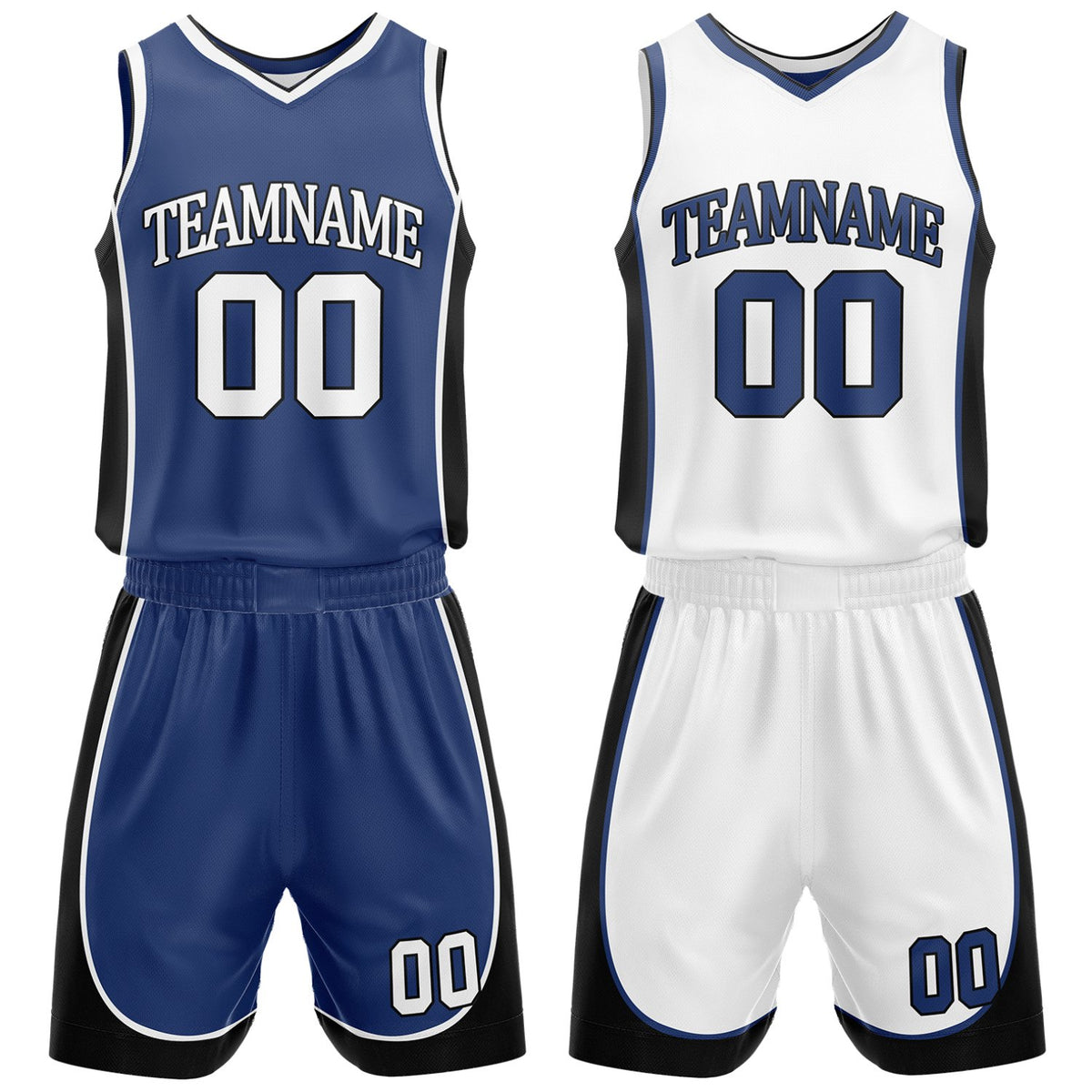Custom blue and white reversible basketball uniform by Vosoli. Personalized with team name, number, and logo. Breathable mesh jersey and shorts for high school, college, AAU teams.