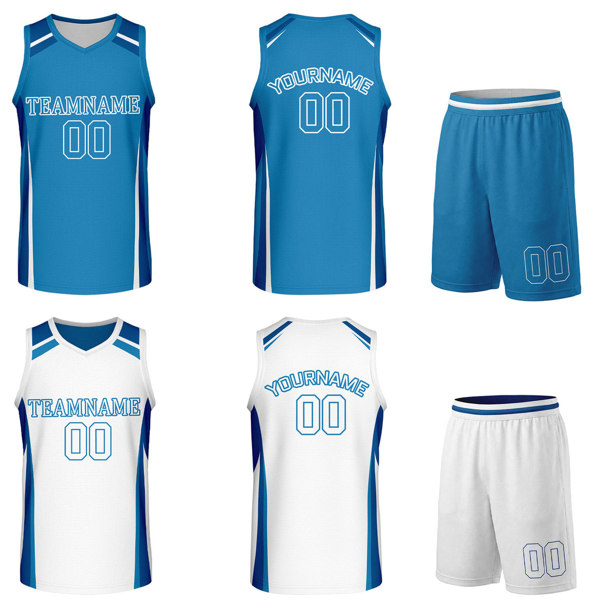 Custom blue and white reversible basketball uniform by Vosoli. Personalized with team name, number, and logo. Breathable mesh jersey and shorts for high school, college, and AAU teams.