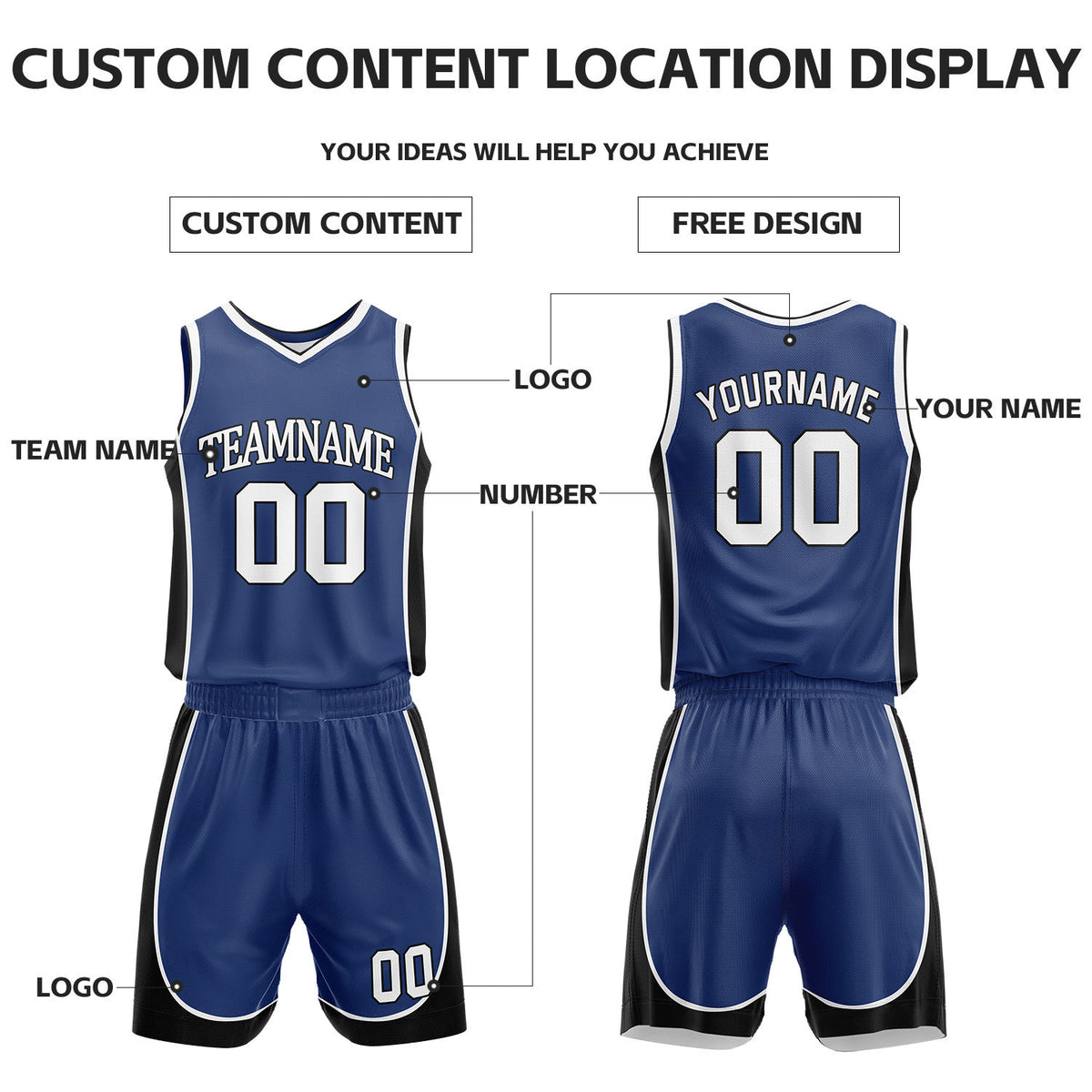 Custom Blue & White Reversible Basketball Uniform Set | Personalized Name Number Sports Jersey Shorts Kit