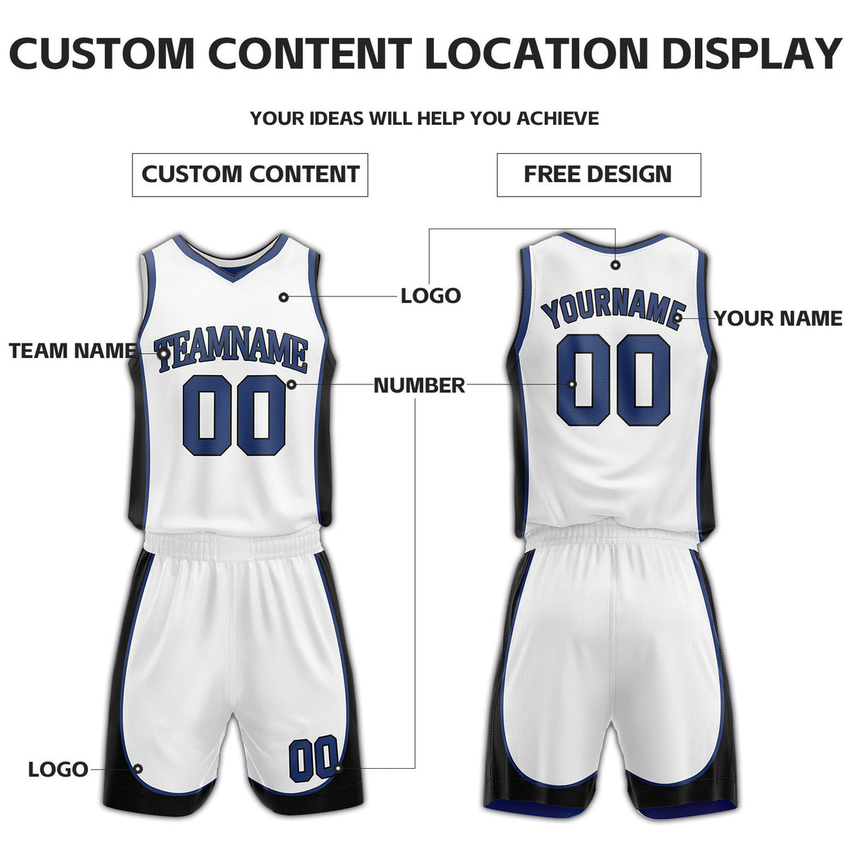 Custom Blue & White Reversible Basketball Uniform Set | Personalized Name Number Sports Jersey Shorts Kit