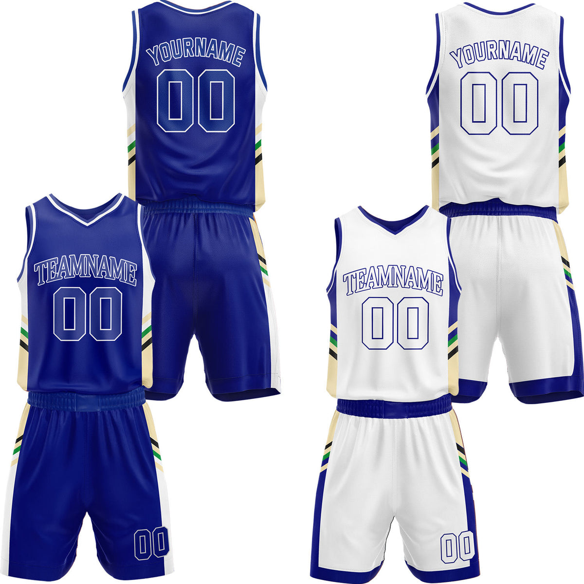 Custom blue &amp; white reversible basketball jersey shorts set by Vosoli | Personalized outline block team name number panel vintage uniform sportswear