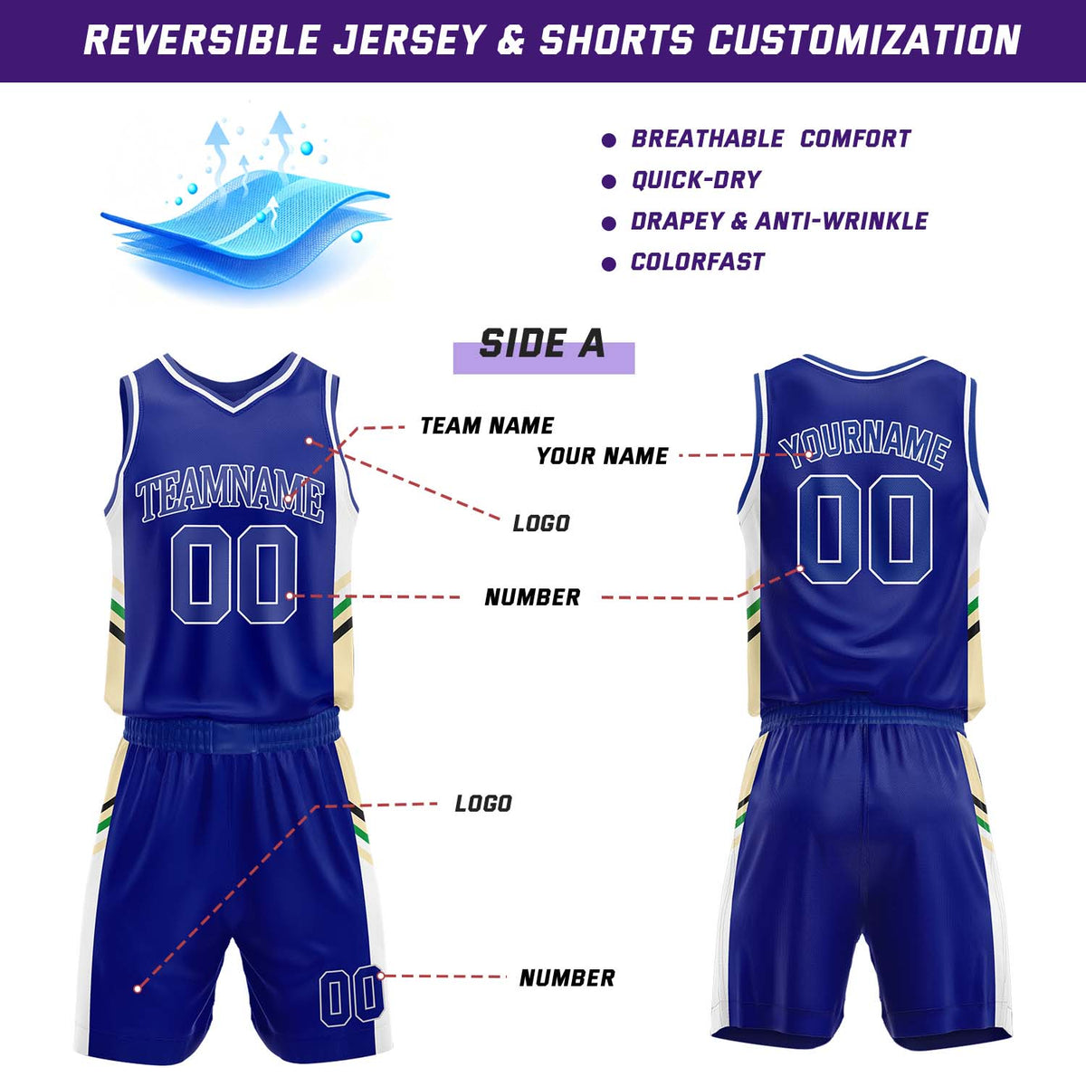 Custom Blue & White Reversible Stripe Basketball Jersey Shorts Set | Personalized Team Uniform