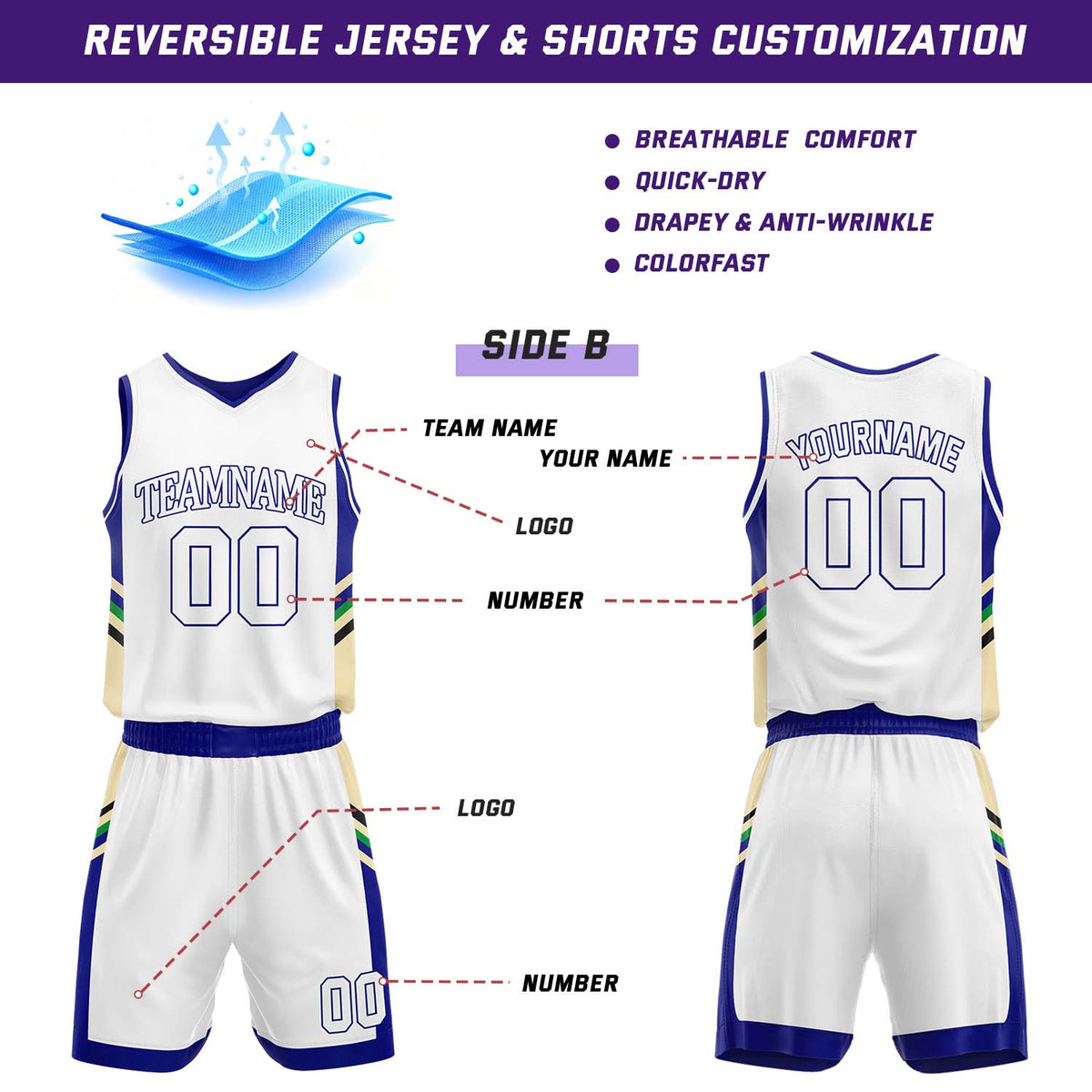 Custom Blue & White Reversible Stripe Basketball Jersey Shorts Set | Personalized Team Uniform