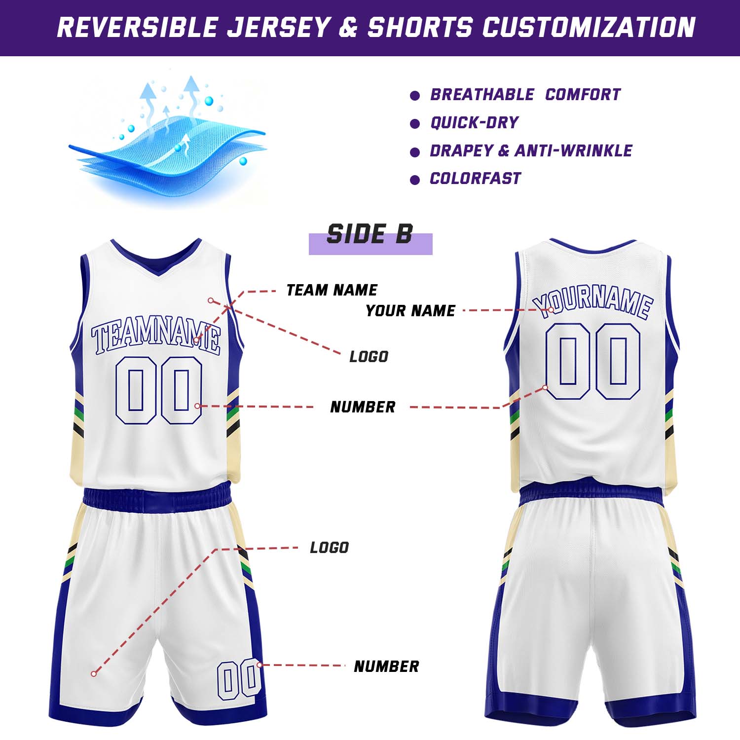 Custom Blue & White Reversible Stripe Basketball Jersey Shorts Set | Personalized Team Uniform