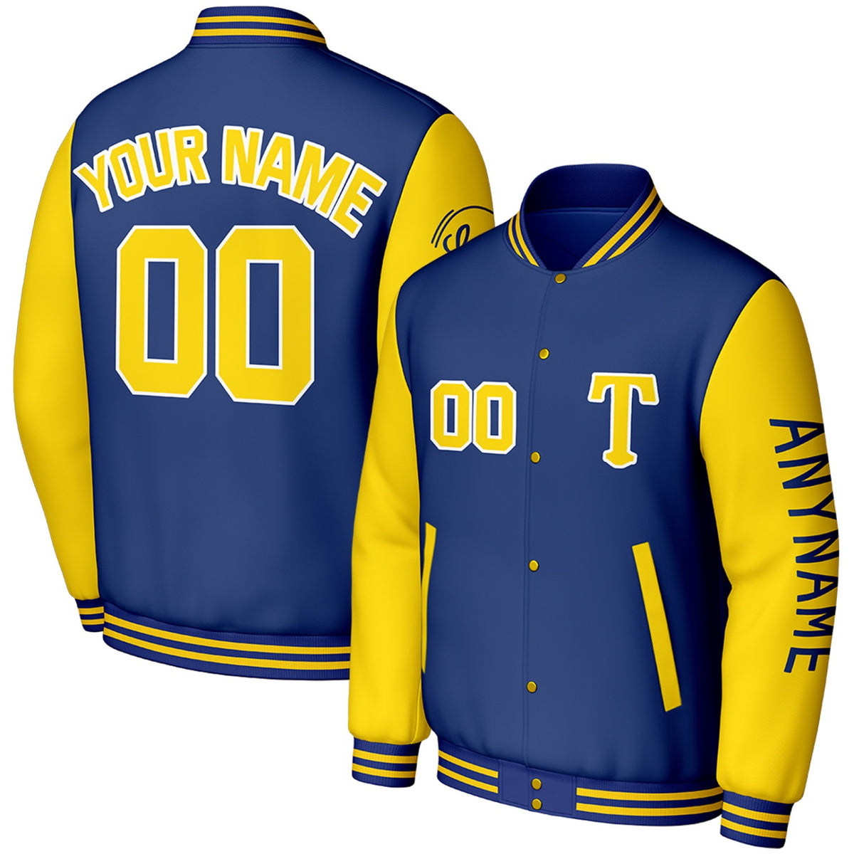 custom blue yellow baseball club team jackets by Vosoli, personalized stitched name, number &amp; logo, classic button up varsity letterman jacket for baseball club team and casual wear
