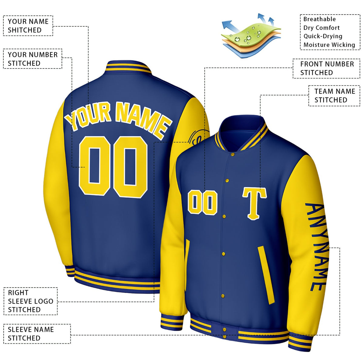 Custom Blue & Yellow Varsity Baseball Jacket | Personalized Letterman Baseball Bomber for Adult & Youth