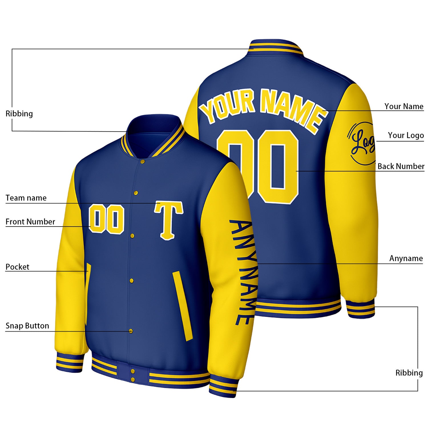 Custom Blue & Yellow Varsity Baseball Jacket | Personalized Letterman Baseball Bomber for Adult & Youth