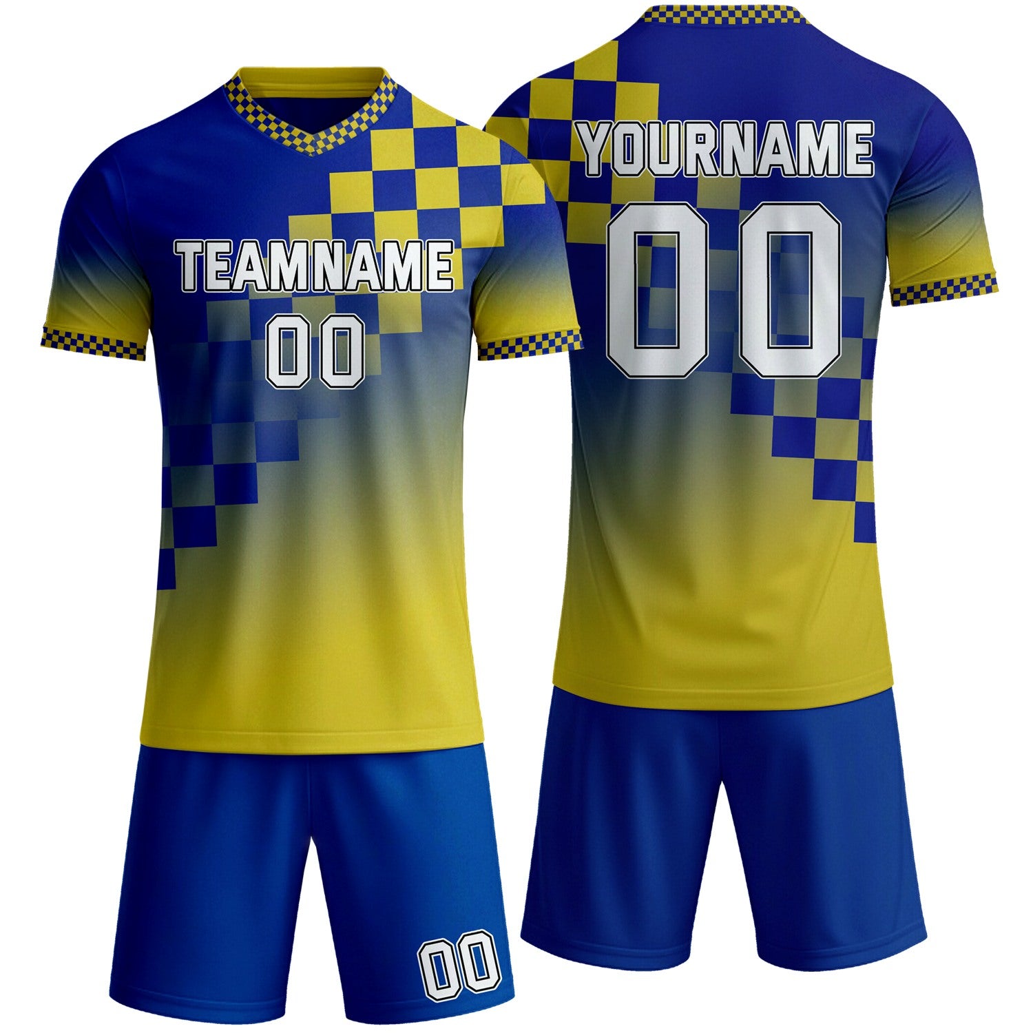 Custom blue & yellow checkerboard gradient soccer jersey set, personalized name number team logo, short-sleeve jersey with matching shorts sports uniform for men women youth adult game practice - Vosoli