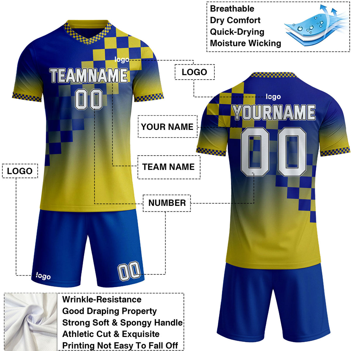 Custom Blue & Yellow Checkerboard Gradient Soccer Jersey Set | Personalized Team Uniform | Vosoli