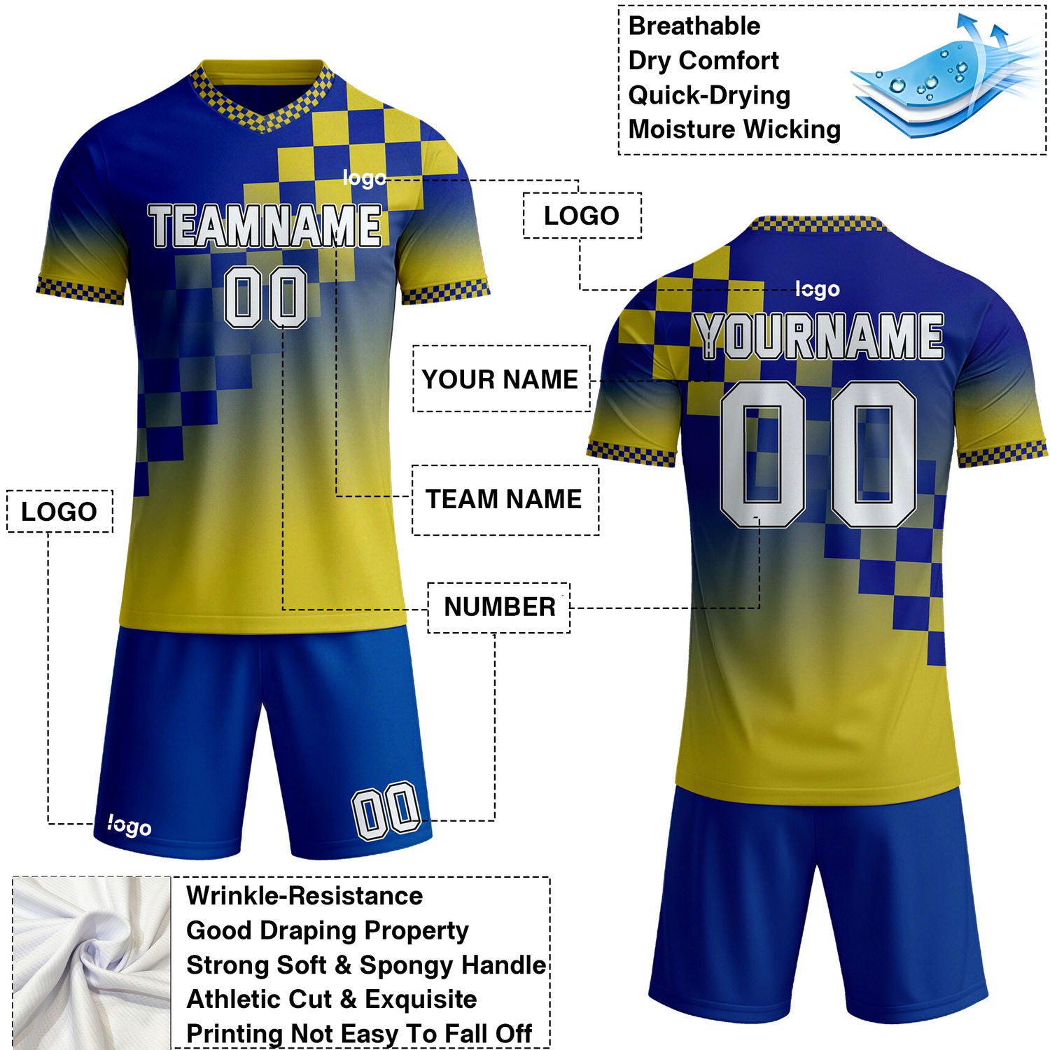 Custom blue & yellow checkerboard gradient soccer jersey set, personalized name number team logo, short-sleeve jersey with matching shorts sports uniform for men women youth adult game practice - Vosoli