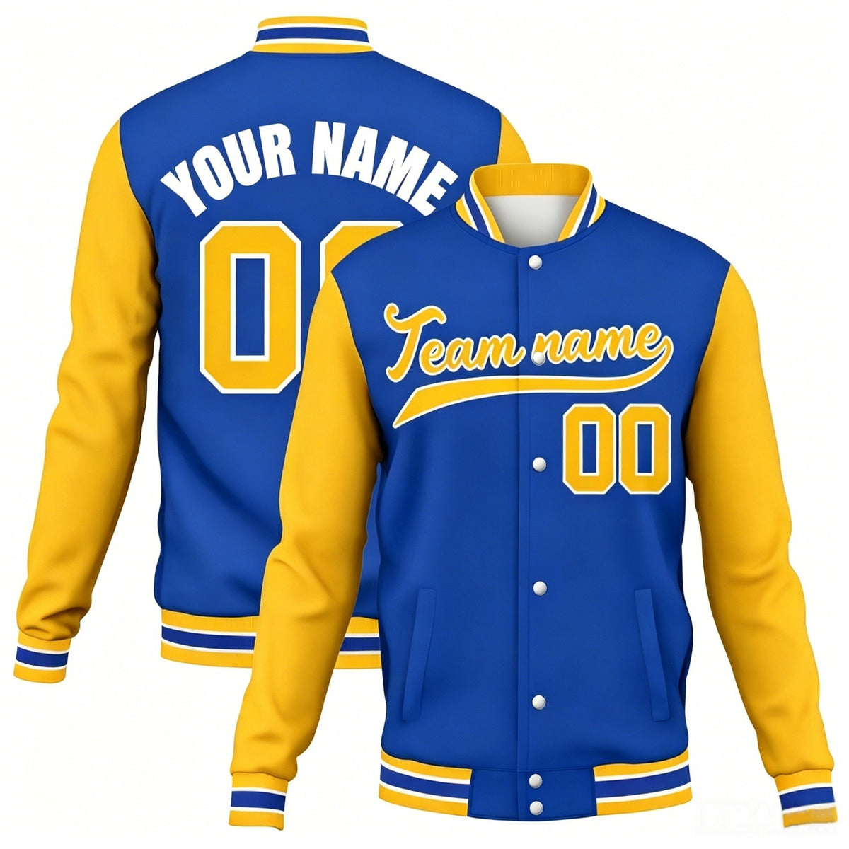 Custom blue-yellow contrast sleeve stitched varsity baseball jacket by Vosoli | Personalized team name &amp; number jacket for youth &amp; adults